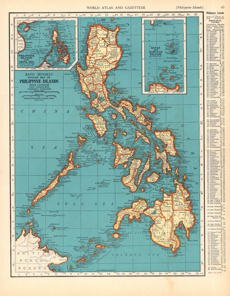 ANTIQUE MAP OF THE PHILIPPINE ISLANDS This is a vintage Philippines map which was carefully removed from a Rand McNally atlas published in 1939. It measures approximately 9 by 12.5 inches - not including the index. The full page measures 11 by 14 inches. The map is in very good condition - note light border staining on the bottom edge. There is a map of Puerto Rico on the reverse side. PRINT AND MAP COLLECTIONS IN MY SHOP: DOG ART PRINTS: https://etsy.me/3hy3pmJ HORSE ART PRINTS: https://etsy.me Antique Philippines, Map Of The Philippines, Vintage Philippines, Philippine Map, Maps Aesthetic, Philippine Islands, Gift For Wedding Anniversary, Horse Art Print, Map Vintage