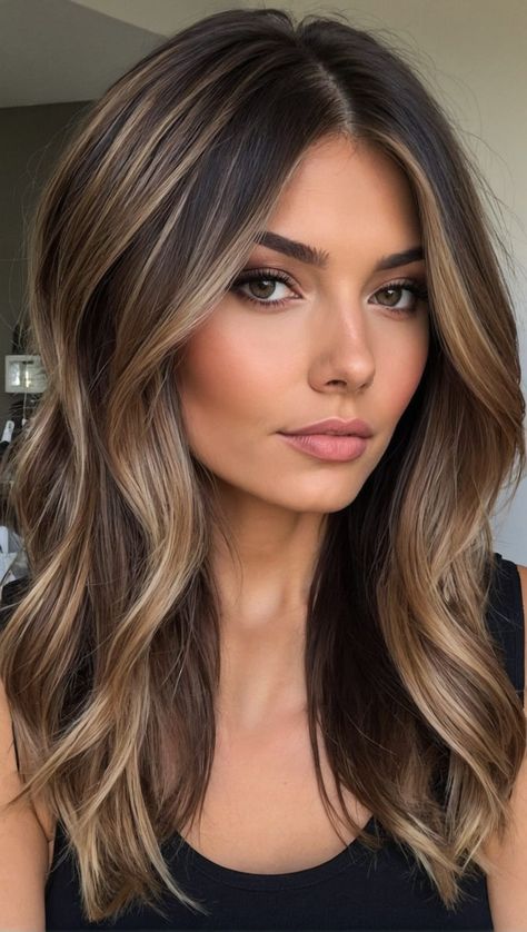 Medium Brown Hair With Balayage Blonde, Brunette With Champagne Highlights, Mocha Bronde Balayage On Brown Hair, Celebrity Layered Hairstyles, Brunette On Top Blonde Underneath, Summer Hair 2024 Bronde, Fall 2024 Womens Hair, Balayage For Long Dark Brown Hair, Summer Hair Brunette Balayage