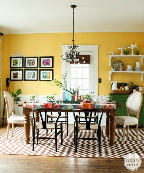 Gorgeous dining room ideas with color for a designer look and unique design ideas! see more on https://ablissfulnest.com/ Best Dining Room Colors, Boho Dining Room Decor, Good Living Room Colors, Dining Room Colour Schemes, Yellow Dining Room, Dining Room Paint Colors, Boho Dining Room, Colourful Living Room Decor, Dining Ideas