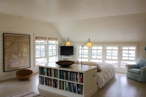 This former general store is now a gorgeous ocean-front cottage - Cottage Life Bed In Front Of Dormer Window, Bed In Middle Of Room Ideas, Bed In Center Of Room, Centered Bed, Bed In Middle Of Room, Wall Headboard, Guest House Small, Storage Ikea, Modern Bunk Beds