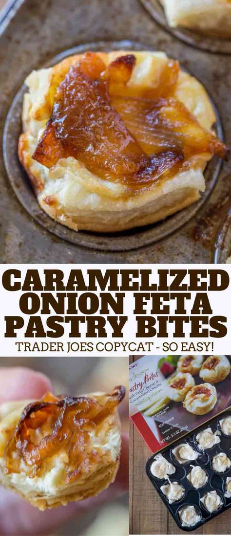 Caramelized Onion Feta Pastry Bites from Trader Joe's are one of their most popular frozen appetizers (and most expensive) and they're easy to make at home! Feta Pastry, Copycat Dinner, Pilsbury Recipes, Pastry Bites, Pepperoni Recipes, Food Comfort, Friendsgiving Food, Frozen Appetizers, Queso Feta