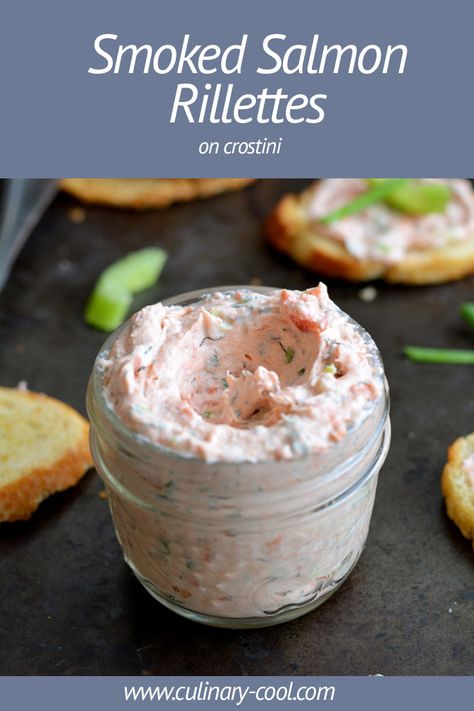 Smoked Salmon Rillettes, Smoked Salmon Rillettes Recipe, Candied Salmon Appetizer, Salmon Rillettes Recipe, Salmon Hors D’oeuvres, Smoked Salmon Charcuterie Board, Entree Starters, Smoked Salmon Crostini, Rillettes Recipe