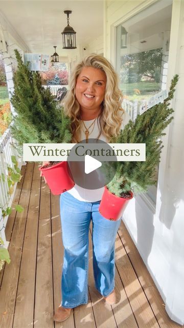 Skye Hamilton • Home & Garden • Hydrangea Queen on Instagram: "Dwarf Alberta Spruce anchors the center of all my porch containers year round. They are the perfect evergreen to plant around, and they are especially fabulous during the holidays. Especially since they are readily available in the nursery section of the big box stores in the Christmas area. They are the same ones they have all year they just put them in a red pot. Follow along as I do up my outdoor containers for the holidays 🌲🎁 #containergardening #holidaycontainers #christmaspots" Christmas Pot Filler Ideas, Fountains Decorated For Christmas, Christmas Evergreen Pots, Christmas Tree In Pot Ideas, Christmas Tree Urns Outdoor, Alberta Spruce In Containers, Christmas Tree In Planter Outside, Front Porch Christmas Planter Ideas, Christmas Urn Filler Ideas