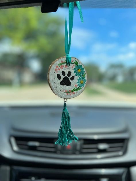 Wooden Car Hanger, Wood Car Mirror Hanger, Paw Painting, Car Mirror Hangers, Black Dream Catcher, Painted Dog, Window Hanger, Handmade Gifts Diy, Car Hangers