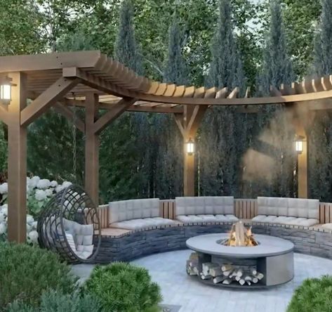 Rustic Bonfire Pit Ideas, Garden Fire Pit Area, Enchanted Backyard Ideas, Pergola Over Fire Pit, Garden Bonfire, Bonfire Pit Ideas, Bonfire Pit, Bonfire Pits, Fire Pit Landscaping