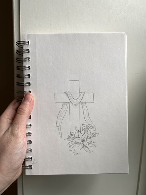 Pencil sketch of lilies and the cross with fabric draped over it Cross Sketches Pencil, Color Pencil Picture, Watercolor And Color Pencil, Sketches Pencil, Pencil Sketches, Pencil Crayon, Art Pencil, Graphite Drawings, He Is Risen