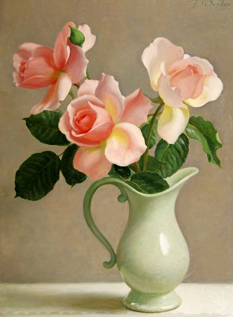 John Bulloch Souter (1890-1972)  —    Still Life of Pink Roses  (800x1089) Flower Vase Drawing, Persian Art Painting, Hinduism Art, Rose Vase, Realistic Paintings, Oil Painting Flowers, Beautiful Rose Flowers, Flower Art Painting, Rose Painting