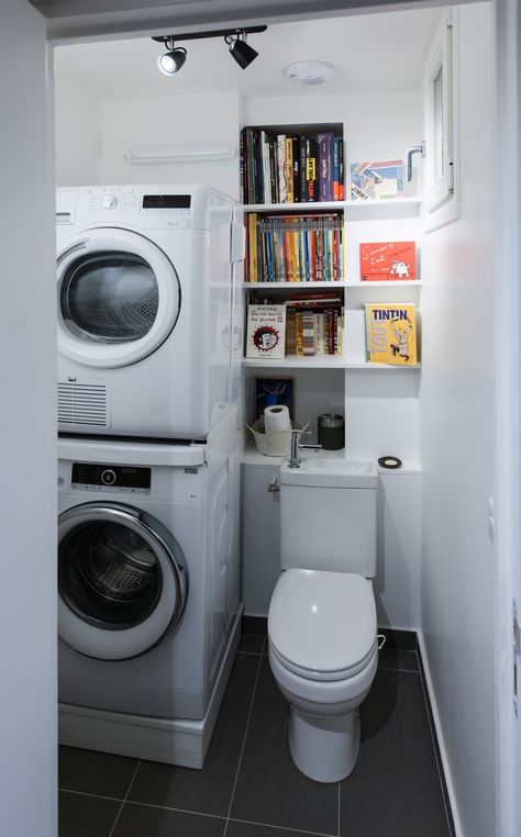 Toilettes buanderie - Contemporary - Utility Room - Other - by Fables de Murs | Houzz UK Tiny Utility Room With Toilet, Utility Room Small Layout, Freestanding Utility Room, Small Laundry Room Ideas With Toilet, Washing Machine In Downstairs Toilet, Utility Downstairs Toilet, Utility Cloakroom Ideas, Small Utility Room With Toilet Layout, Utility Bathroom Ideas