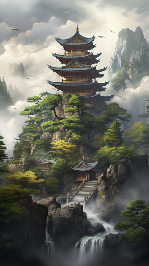 Created by Vellectrum using Midjourney. Japan Scenery, China Building, Ancient Chinese Architecture, Japanese Village, Drawing Scenery, Spirit Animal Art, Geisha Art, Dreamy Artwork, Castle Art