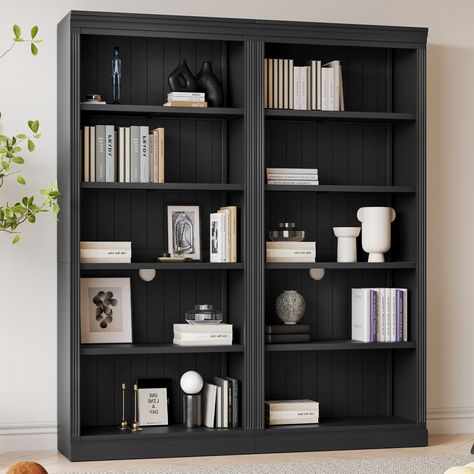 Product Features: This five shelvs bookcase suite provide a very wide storage space, you can use it to place all kinds of items as you see fit; Constructed by premium solid wood frame and thickened MDF board, stable and durable; Each panel can hold up to… Charcoal Bookshelves, Dark Bookcase Styling, Bookshelves With Desk, Book Shelves In Bedroom, Black Bookshelf, Office Bookshelf, Basement Room, Office Bookshelves, Tall Bookshelves