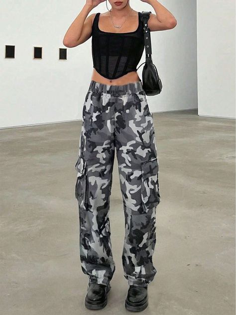 1pc Girl Teen Oversized Casual Versatile High Street Hiphop Camouflage Outdoor Sports Jogger Pants Grey    Mesh Fabric Camo Jogger Slight Stretch Spring/Summer/Fall Tween Girls Clothing, size features are:Bust: ,Length: ,Sleeve Length: Camouflage Cargo Pants, Oversize Casual, Style Hip Hop, Pantalon Cargo, Vintage Casual, Petite Women, Kids Sleepwear, Inspiration Mode, Casual Girl