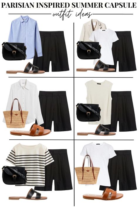 Graphic of 6 different outfit combinations featuring black bermuda shorts part of a spring capsule collection. Parisian Summer Outfits, France Versailles, Parisian Chic Outfits, Style Parisian Chic, French Outfits, Realistic Fashion, French Chic Fashion, Parisian Outfits, Dress Like A Parisian