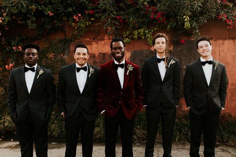 Jewel Tone Bridal Party Groomsmen, Jewel Tone Wedding Suit, Jewel Tone Wedding Groom, Jewel Tone Groomsmen Attire, Wine Velvet Suit, Christmas Groomsmen, Jewel Tone Bridesmaid, Bestie Wedding, Groomsmen Dress