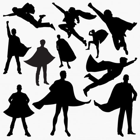 Superhero silhouettes | Premium Vector #Freepik #vector #man #comic #packaging #silhouette Vbs Superhero Theme, Silhouette Printables, Superhero Vbs, Superhero Silhouette, Logo Superman, Superhero Prints, Hero Tattoo, Superman Kids, Shadow Drawing