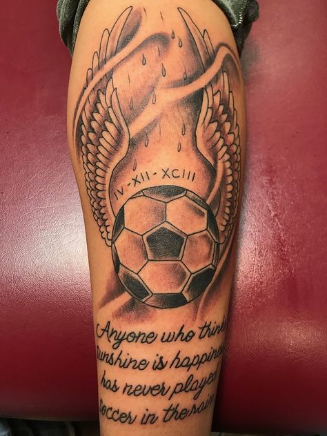 Soccer ball with wings Shogun Tattoo, Soccer Tattoos, Sport Tattoos, Football Tattoo, Ball Tattoo, Cool Arm Tattoos, About Football, Arm Band Tattoo, Leg Sleeve Tattoo