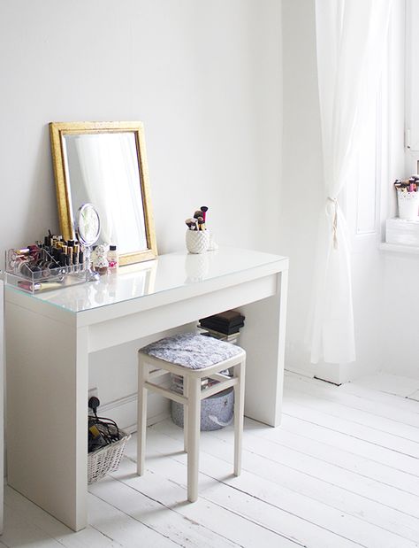 The IKEA MALM dresser is the dressing table of the moment; its affordable at only £95 and it... White Bedroom Vanity, Ikea Malm Desk, Small White Bedrooms, Ikea Dressing Table, Ikea Malm Dressing Table, Dressing Table Ideas, Malm Dressing Table, Ikea Vanity, Desk Dressing Table