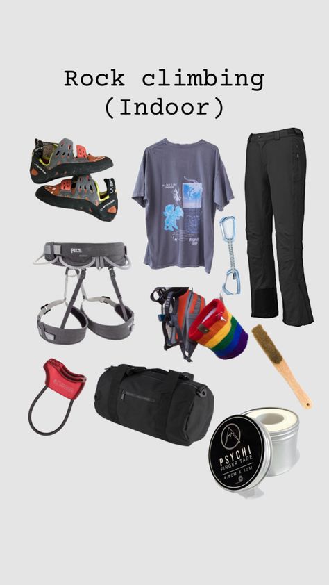 Rock climbing outfit idea! 🧗‍♀️ Outfits For Rock Climbing, Climbing Gear Aesthetic, Rock Wall Climbing Outfit, Rock Climbing Clothes, Rock Climbing Aesthetic Outfit, Indoor Rock Climbing Aesthetic, Indoor Rock Climbing Outfit, Bouldering Outfit, Mountain Climbing Outfit