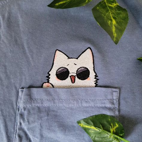 Gojo Cat Tattoo, Cat In Pocket, Cat Pocket Embroidery, Gojo Cat, White T-shirt With Cat Design For Streetwear, Kawaii Cat Design Tote Bag, Cute Tote Bag With Cat Design, Chicken Illustration, Pocket Shirt