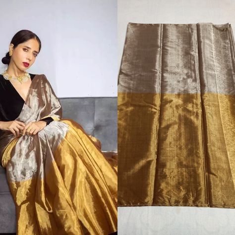 Metallic Tissue Saree, Tissue Gold Saree, Pure Tissue Silk Saree, Golden Tissue Saree Blouse Designs, Gold Tissue Saree Blouses, Gold Tissue Saree With Contrast Blouse, Tissue Silk Saree Gold, Gold Tissue Silk Saree, Tissue Sarees Silk