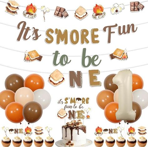 Amazon.com: Balterever It's S'more Fun to Be One Birthday Party Decorations with S'mores Birthday Party Banner Garland It's S'more Fun to Be One Cake Cupcake Toppers for Camping Smore Theme Party Supplies : Toys & Games Birthday Smores Party Ideas, S’more 1st Birthday, It’s Smore Fun Being One, Smore Themed First Birthday, Its Smore Fun Being One, Smore Fun To Be One, S’mores Birthday Party Theme, S'more Fun To Be One Birthday, Fall First Birthday Party Ideas