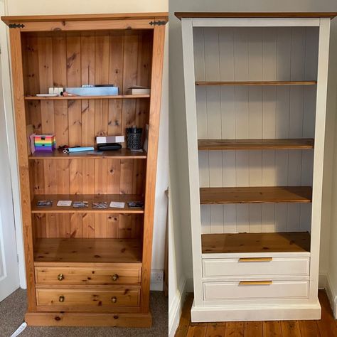 Refurbished Bookshelf, Bookshelf Makeover, Bookcase Makeover, Oak Bookshelves, Furniture Makeover Inspiration, Painted Bookshelves, Walnut Bookcase, Bookcase Diy, Up Cycle