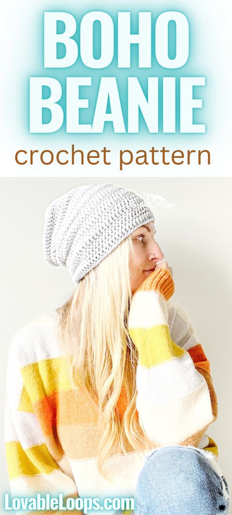 Explore Lovable Loops' slouchy beanie crochet pattern, perfect for those after easy crochet patterns. With our slouchy beanie crochet pattern free for all, it's a beginner's delight. Whether you're new to the world of crochet or a pro, this crochet pattern for slouchy beanie is your go-to for a stylish accessory. Made to fit most teens and adults comfortably, it’s both versatile and chic. Visit our website now for this crochet pattern for beginners and other free crochet beanie patterns. Slouchy Beanie Crochet Pattern Free, Slouch Beanie Crochet Pattern, Crochet Slouchy Hat Free Pattern, Crochet Slouchy Beanie Pattern, Slouchy Beanie Crochet, Slouchy Beanie Pattern, Slouchy Hat Crochet Pattern, Boho Beanie, Beanie Pattern Free