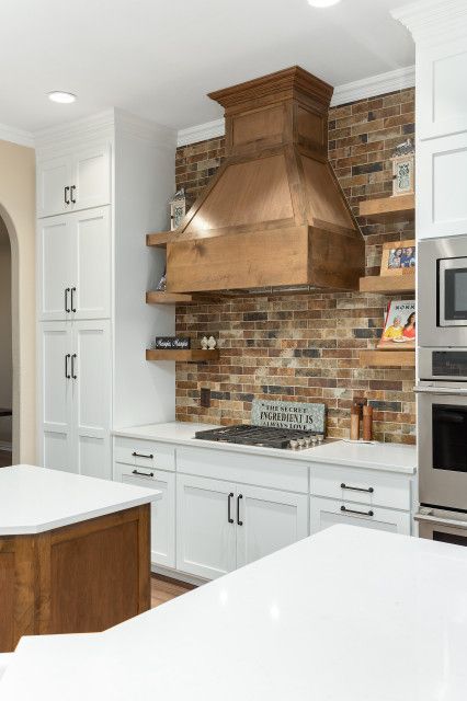 Oldenwood - Farmhouse - Kitchen - Dallas - by RJ Aldriedge Companies Inc. | Houzz Painted Brick Backsplash, Kitchen Brick Wall, White Brick Backsplash, Farmhouse Kitchen Backsplash Ideas, Brick Backsplash Kitchen, Blue Kitchen Island, Wood Range, Farmhouse Kitchen Backsplash, Farmhouse Trends