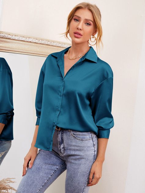 Blue Satin Shirt Outfit, Teal Shirt Outfits, Satin Shirt Outfit, Blue Colour Shirt, Tops Stylish, Turquoise Shirt, Satin Shirts, Full Sleeve Top, Teal Shirt