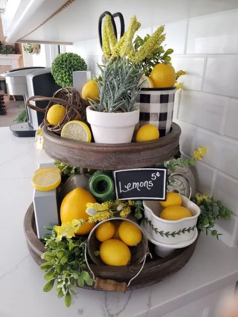 Three Tiered Tray, Summer Decor Ideas, Farmhouse Summer Decor, Spring Kitchen Decor, Lemon Kitchen Decor, Lemon Kitchen, Tiered Tray Diy, Tray Styling, Geek Decor