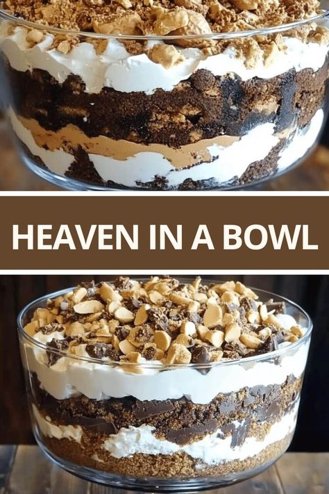 Heavenly Whipped Dessert, Pampered Chef Trifle Bowl Recipes, Donut Trifle Desserts, Candy Shop Trifle, Heaven Dessert Recipe, White Cake Trifle Desserts, Dessert Tin Ideas, Desserts Made With Reeses Peanut Butter Cups, Butterfinger Trifle Desserts