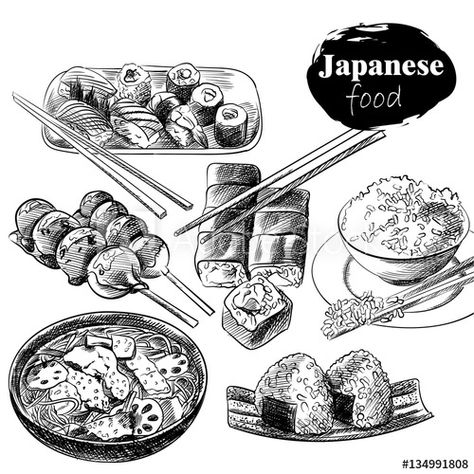 Stock Image: Set of hand drawn Japanese food isolated on white background. Japanese food sketch elements. Retro hand-drawn sushi with chopsticks vector illustration. Great for poster, banner, voucher, coupon. Food Sketch Black And White, Japanese Food Sketch, Food Sketch Illustration, Sushi Sketch, Sushi Drawing, Feather Sketch, Food Doodle, Sketch Aesthetic, Japanese Food Illustration