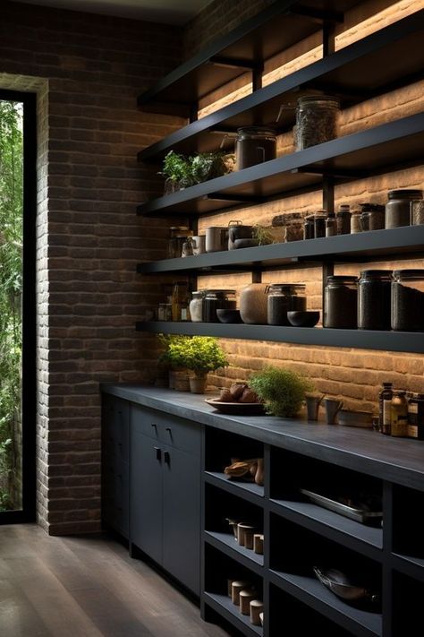 Industrial Style Kitchen Small, Pantry Industrial Design, Industrial Butlers Pantry, Dark Walk In Pantry, Black Kitchen Cabinets And Countertops, Industrial Pantry Design, Dark Industrial Kitchen, Black Kitchen Pantry, Modern Bar Cabinets For Home