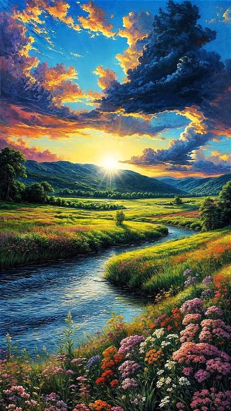 Beautiful Scenery Paintings, Paint By Number For Adults, Canon Beach, Beautiful Meadow, Beautiful Landscape Paintings, Mountain Landscape Photography, Easy Flower Painting, Canvas For Beginners, Dreamy Landscapes