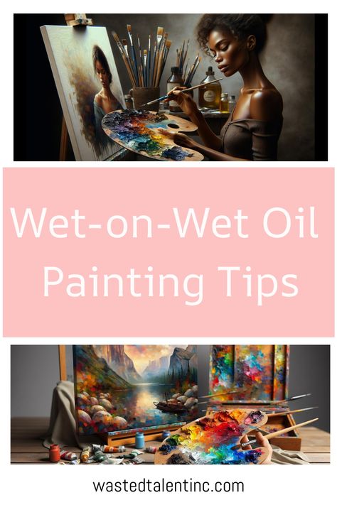 An artist painting at an easel with a vibrant palette of colors, above text reading "Wet-on-Wet Oil Painting Tips" and website address at bottom. Wet On Wet Painting, Paint Color Guide, Oil Painting Tips, Spatial Relationships, Art Advice, Oil Painting Tutorial, Beginner Art, Creating Texture, Mineral Spirits