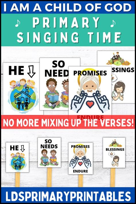 These LDS Primary Song I AM A CHILD OF GOD VERSE DIFFERENTIATION SONG VISUALS are perfect for a super easy, low-prep, fantastic way to help you and the kids remember which verse is which so they will never mix up the verses again! Perfect for at-home, in class, church, and primary singing time! #ldsprimaryprintables #ldsprimarysingingingtime #primarysingingtime #ldsprimarymusic #ldsprimarychorister #ldsprimarymusicleader #ldsprimary #ldsprimarysongs #iamachildofgod #primarysongs Lds Primary Songs, Primary Songs, Primary Singing Time, Primary Music, A Child Of God, Printables Free Kids, Lds Primary, Learning Time, Singing Time