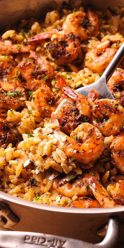 Shrimp orzo in a pan Recipes For Dinner Shrimp, Healthy Orzo Salad, Dinner Shrimp Recipes, Orzo Salad Dressing, Orzo Salad Recipes Cold, Healthy Orzo, Shrimp And Rice Casserole, Creamy Wine Sauce, Easy Seafood Dinner