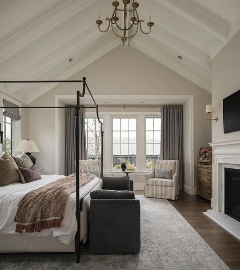 AHD - Ali Henrie Design | How to design a room with vaulted ceilings at our #hilltopcolonial Pay attention to the ceiling by either adding beams, molding or other… | Instagram Cathedral Ceiling Bedroom, Ali Henrie, Bedroom Chair Ideas, Vaulted Ceiling Beams, Vaulted Ceiling Bedroom, Ceiling Bed, Design A Room, Stone Porches, Space Saving Furniture Bedroom