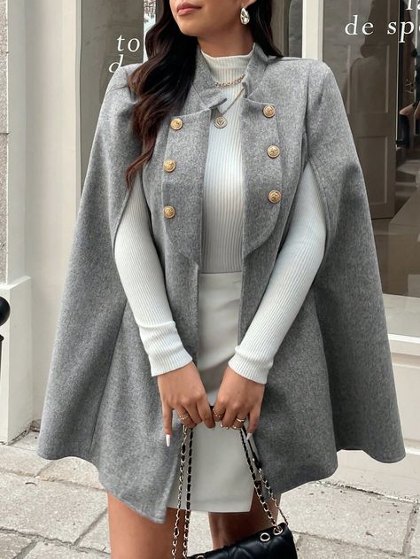 SHEIN Frenchy Plus Size Women Metal Button Design Cape Wool Coat For Autumn WinterI discovered amazing products on SHEIN.com, come check them out! Cape Overcoat, Cape Coat Outfit, Plus Size Belts, Winter Formal Dresses, Elegant Jacket, Winter Formal, Cape Coat, Coat Outfits, Kids Sleepwear