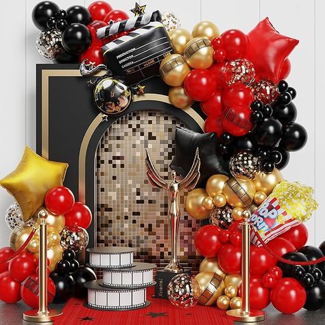 Movie Party Decorations, Film Party, Black And Gold Balloons, Star Birthday Party, Bridal Shower Backdrop, Movie Night Party, Gold Confetti Balloons, Garland Arch, Movie Party