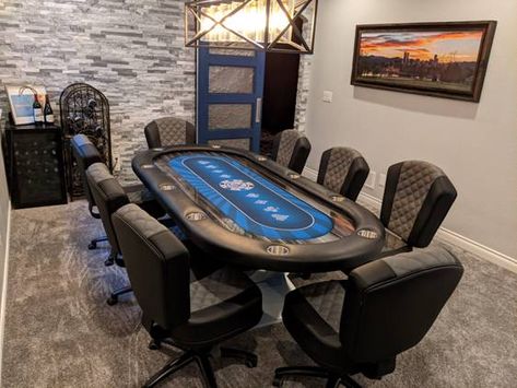 Here we have a beautiful 96" Siamun Texas Hold 'em Poker Table (Dynasty Edition) with our best selling Pharaoh Nouveau Poker Chair in black and charcoal. The table feautres our night sky silkwood high gloss finish and it looks perfect with the chairs. Lets start designing your dream table today. #poker #pokertable #pokerroom #luxury #custommade #handcrafted #pokerchairs #modern #gameroom #elegant #luxurylife #billionaire #interiordesinger #mancave #sportscars #success #luxuryhome #wealthy Poker Man Cave, Poker Room Aesthetic, Poker Table Chairs, Poker Room Ideas, Poker Chairs, Pool Table Chairs, Poker Room Decor, Poker Table And Chairs, Table Poker