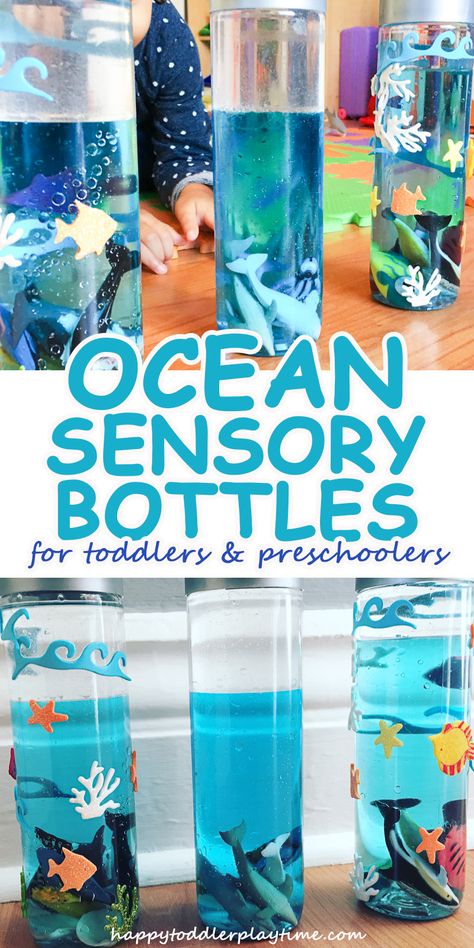 Ocean In The Bottle, Find It Bottle Diy, Bluey Sensory Activities, Ocean Bottle Craft, How To Make A Sensory Bottle, Ocean In A Bottle Craft, Ocean In A Bottle For Kids, Ocean Sensory Room, Ocean Themed Activities For Toddlers