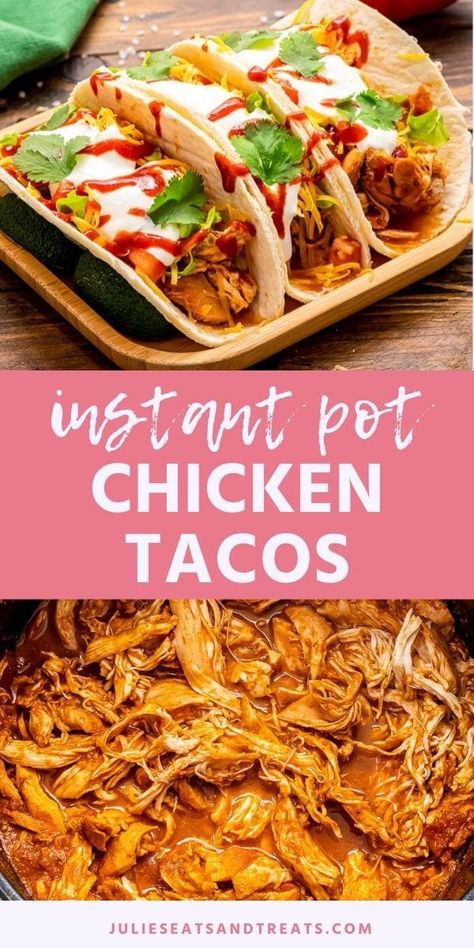 Need a quick and easy dinner idea? These Instant Pot Chicken Tacos are calling your name! With only three ingredients they are so quick and delicious. Simply place your chicken breasts, taco seasoning and water in your pressure cooker and cook. Then shred the chicken taco meat and pile on tacos with your favorite toppings. Make delicious filling for burritos, nachos, salads and more! #chicken #tacos Chicken Taco Meat, Chicken Breast Instant Pot Recipes, Instant Pot Chicken Tacos, Shredded Chicken Tacos, Chicken Taco Recipes, Chicken Thigh Recipes Crockpot, Pressure Cooker Chicken, Boneless Chicken Thigh Recipes, Chicken Taco