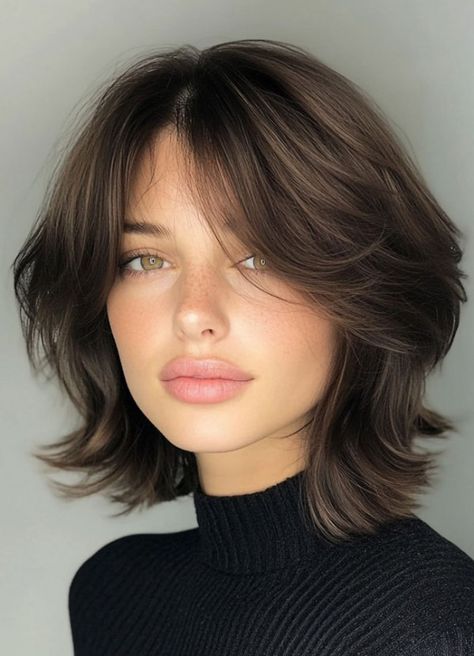 38. Tousled Brunette Bob with Curtain Bangs This tousled brunette bob with curtain bangs is the perfect mix of modern and effortless style. The chin-length cut is softly layered, creating a voluminous, airy texture that adds movement and dimension to the hair. Chin Length Layered Bob With Curtain Bangs, Layered Bob Haircut With Curtain Bangs, Short Shag Bob With Curtain Bangs, Short Hair With Layers Curtain Bangs, Voluminous Layered Hair With Curtain Bangs, Long Bob Haircuts Curtain Bangs, Short Layers Curtain Bangs Short Hair, Modern Bob With Curtain Bangs, Bob With Side Curtain Bangs