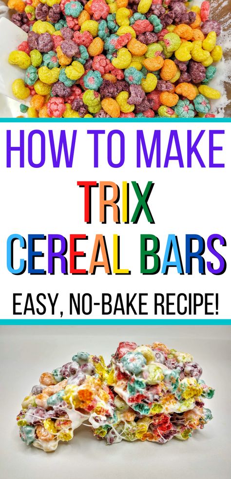 Trix Cereal Treats, Trix Treats Rice Krispies, Trix Krispie Treats, Trix Cereal Recipes, Trix Cereal Bars, Trix Rice Crispy Treats, Encanto Food Ideas, Cereal Bar Recipe, Homemade Cereal Bars