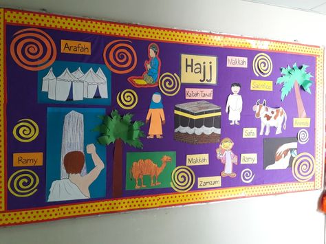 Hajj theme Islamic bulliten board by Sumera Saleem Islamic Class Decoration Ideas, Islamic Soft Board Ideas, Islamic School Decoration Ideas, Islamic Classroom Decoration, Islamic Projects For School, Board Decoration Ideas Creative, Islamic Activities, Decoration Class, Islamic School