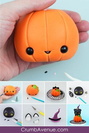 Stone Cake, Kawaii Pumpkin, Pumpkin Topper, Cake Cat, Make Step By Step, Crea Fimo, Cake Decorating Fondant, Cat Cake Topper, Polymer Clay Halloween