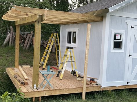 Shed And Gazebo Combo, She’d With Porch, She Shed With Pergola, Shed Alternatives, Pergola Off Shed, She Shed With Deck, She Shed Garden Ideas, Shed With Pergola Attached, Shed Deck Ideas