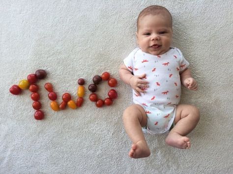 Pin for Later: These Monthly Baby Veggie Portraits Are Cute Enough to Eat Tomatoes 2 Month Baby, Baby Boy Newborn Photography, Baby Milestones Pictures, Monthly Baby Pictures, Monthly Baby Photos, Baby Photoshoot Boy, Newborn Photography Poses, Monthly Baby, Newborn Baby Photoshoot