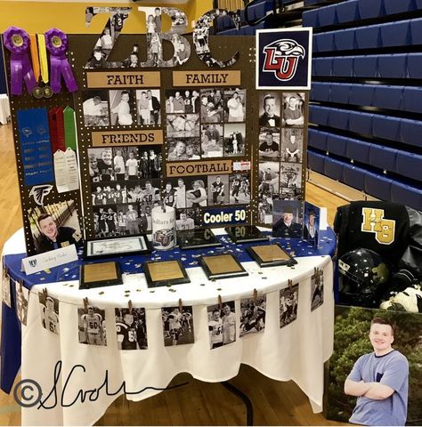 Senior Picture Boards Photo Displays Sports, Senior Sunday Table Ideas, Senior Photo Board Display, Senior Football Boards, Senior Sports Boards, Senior Football Table Ideas, Senior Memory Boards, Senior Night Table Display Basketball, Senior Night Tables