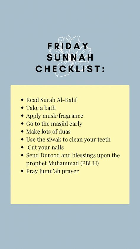 #sunnah #prophetmuhammedpbuh #islam #fridaysunnah #muslim Friday Sunnah Checklist, Islamic Study Tips, 12 Sunnah Prayers, Friday Checklist Islam, Friday Sunnah, Facts About Islam, Islam Journal, Islamic Advice, Sunnah Prayers